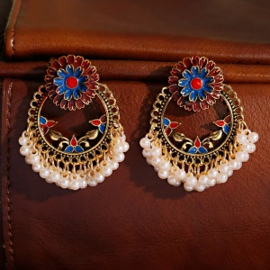 Cercei dama, model retro indian, cu accesorii perlute, rotunzi, rosii - Img 4