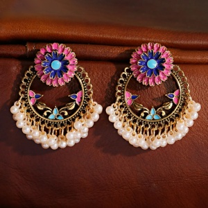 Cercei dama, model retro indian, cu accesorii perlute, rotunzi, roz - Img 3