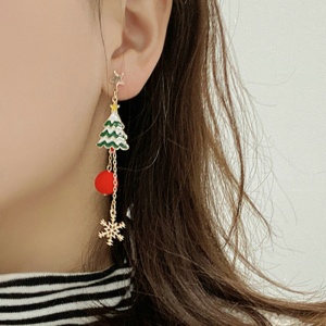 Cercei dama, tematica de Craciun, model special, rotund si lung, accesorizat cu fundita si bradut, verde - Img 3