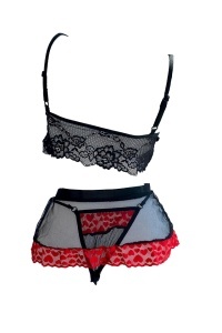 Compleu lenjerie sexy cu inimioare 3 piese, chilot, sutien, fusta scurta, dantela, plasa, negru cu rosu - Img 2