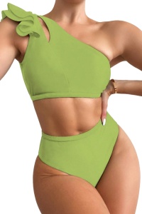 Costum de baie dama, 2 piese, model cool seducator, top tip bustiera cu prindere pe un umar si chilot talie inalta, tematica sexy elegant summer verde deschis