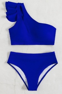 Costum de baie dama, 2 piese, model cool seducator, top tip bustiera cu prindere pe un umar si chilot talie inalta, tematica sexy elegant summer albastru - Img 3