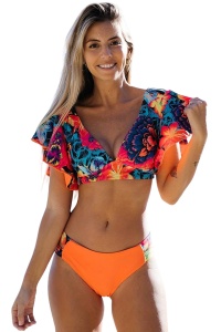 Costum de baie dama, 2 piese, model vesel energizant, sutien cu volanase pe umeri si prindere reglabila, chilot cu fronseu la spate si decupaj clasic cu croi ingust, tematica good vibes happy summer portocaliu multicolor