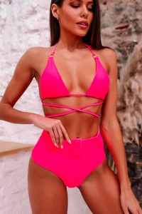 Costum de baie dama, 2 piese, roz, sutien reglabil, slip talie inalta brazilian cu catarama - Img 4