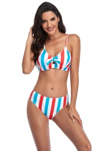 Costum de baie dama, 2 piese, slip brazilian talie inalta si sutien cu push-up, albastru si rosu RO