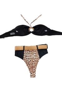 Costum de baie dama, 2 piese, slip brazilian talie inalta si sutien cu push-up, animal print, negru RO - Img 2