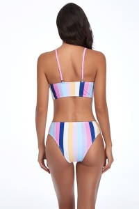 Costum de baie dama, 2 piese, slip brazilian talie inalta si sutien cu push-up, albastru si roz RO - Img 2