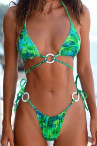 Costum de baie dama, 2 piese, verde, chilot brazilian reglabil, sutien reglabil si accesorii rotunde - Img 4