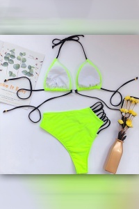 Costum de baie dama, 2 piese, verde, sutien reglabil, slip talie inalta brazilian cu scobitura - Img 2