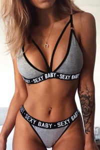 Costum de baie dama, gri, 2 piese, imprimeu sexy baby, slip tanga si sutien reglabil RO - Img 2