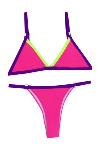 Costum de baie dama, mov cu roz, 2 piese, imprimeu uni, sutien reglabil, slip tanga - Img 3