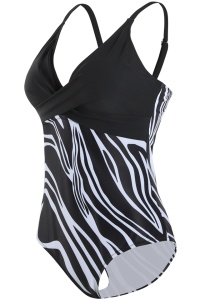 Costum de baie dama, o piesa, clasic cu croi chic, model abstract negru cu alb - Img 2