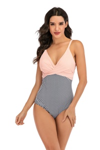 Costum de baie dama, o piesa, clasic cu croi chic, model dungi roz