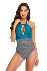 Costum de baie dama, o piesa, model chic summer, detalii care subtiaza si accentueaza talia albastru