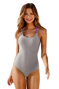 Costum de baie dama, o piesa, model clasic atragator cu bretele multiple si chilot decupaj normal, culori vii si intense, tematica all eyes on me gri