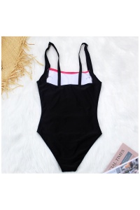 Costum de baie dama, o piesa, model clasic, imprimeu buline mici, cu detaliu rosu - Img 4