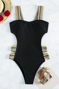 Costum de baie dama, o piesa, model cu decupaje provocatoare, chilot decupaj clasic, bretele colorate, tematica sexy summer negru - Img 3