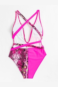 Costum de baie dama, o piesa, model duo crossbody, spate gol si chilot cu decupaj clasic, tematica wild summer roz - Img 2