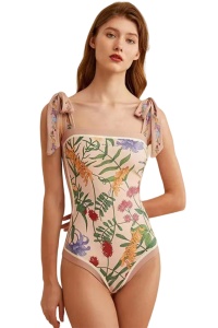 Costum de baie dama, o piesa, model floral delicat, prindere cu bretele late pe umeri roz