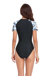 Costum de baie dama, o piesa, model sport cu maneca scurta si fermoar, chilot decupaj clasic, tematica sexy and fit negru cu alb - Img 2