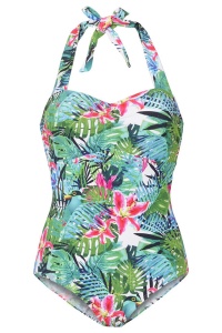 Costum de baie dama, o piesa, model vesel confortabil, spate gol si prindere dupa gat, chilot decupaj clasic, tematica happy summer flower verde - Img 3