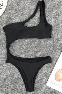 Costum de baie dama, o piesa, negru, slip tanga si sutien cu prindere pe un umar® - Img 2