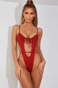 Costum de baie dama, o piesa, rosu, slip tanga RO - Img 4