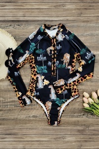 Costum de baie intreg, maneca lunga, inchidere cu fermoar, slip brazilian, imprimeu leopard RO - Img 2