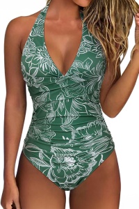 Costum de baie, o piesa, model clasic elegant, prindere dupa gat, decolteu adanc si spate gol, chilot decupaj clasic, tematica I love flowers verde