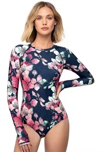 Costum de baie, o piesa, model confortabil, imprimeu floral, maneci lungi prindere pe un deget, chilot decupaj clasic, tematica summer chill multicolor - Img 3
