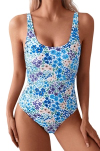 Costum de baie, o piesa, model delicat, prindere la spate metalica si chilot decupaj clasic, imprimeu floral, tematica romatic summer albastru multicolor