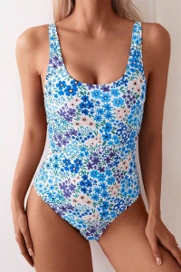 Costum de baie, o piesa, model delicat, prindere la spate metalica si chilot decupaj clasic, imprimeu floral, tematica romatic summer albastru multicolor - Img 4