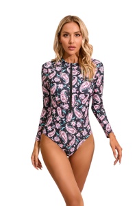 Costum de baie, o piesa, model elegant si comfy, maneci lungi si chilot decupaj clasic, tematica fantezie de culori negru
