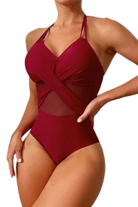 Costum de baie, o piesa, model foarte elegant, spate gol si chilot decupaj clasic croi ingust, tematica royal summer rosu inchis