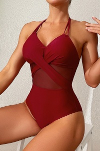 Costum de baie, o piesa, model foarte elegant, spate gol si chilot decupaj clasic croi ingust, tematica royal summer rosu inchis - Img 4