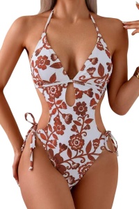 Costum de baie, o piesa, model provocator, prindere dupa gat, spate gol, chilot decupaj clasic croi ingust reglabil, tematica feeling sexy maro