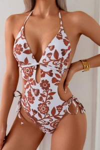 Costum de baie, o piesa, model provocator, prindere dupa gat, spate gol, chilot decupaj clasic croi ingust reglabil, tematica feeling sexy maro - Img 4