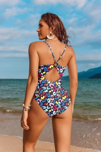 Costum de baie, o piesa, model vesel, bretele subtiri si chilot decupaj clasic, tematica poveste de vara multicolor - Img 2