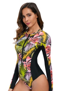 Costum de baie, o piesa, model vesel colorat, cu maneca lunga si imprimeu floral, tematica summer queen negru cu multicolor