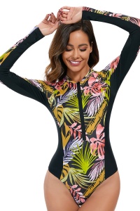 Costum de baie, o piesa, model vesel colorat, cu maneca lunga si imprimeu floral, tematica summer queen negru cu multicolor - Img 4