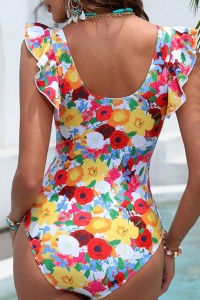 Costum de baie, o piesa, model vesel si delicat, decolteu in V si chilot decupaj clasic, imprimeu floral, tematica summer dream multicolor - Img 2