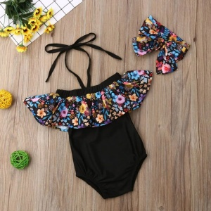 Costum de baie pentru fetite, prindere reglabila dupa gat, model chic elegant, tematica florala, cordon asortat, negru - Img 4
