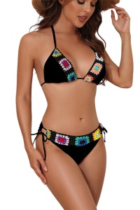 Costum de baie, set 2 piese, model deosebit, sutien cupe triunghiulare si chilot decupaj clasic, tematica summer fashion negru