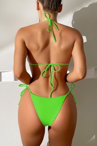 Costum de baie, set 2 piese, model duo senzual, cupe triunghiulare si chilot decupaj clasic croi ingust, imprimeu animal print, tematica sexy summer verde - Img 2