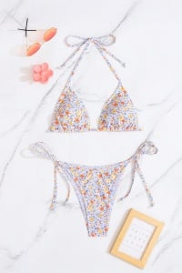 Costum de baie, set 2 piese, model minimalist delicat, imprimeu floral, sutien cupe triunghiulare si chilot decupaj clasic croi ingust reglabil, tematica summer dream alb multicolor - Img 4