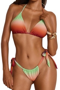 Costum de baie, set 2 piese, model provocator, sutien cupe triunghiulare si chilot decupaj clasic croi foarte ingust reglabil, tematica hot days multicolor