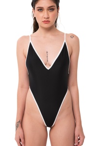 Costum de baie sexy dama, o piesa, negru, chiloti brazilian, decolteu adanc in V, spate gol