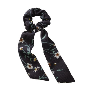 Elastic pentru par, model ponytail, imprimeu floral, albastru inchis