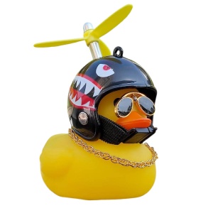Figurina decorativa, rata cool, model cu casca helicopter, lant si ochelari de soare, tematica cool duck, galbena