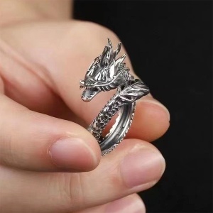 Inel retro, model dragon antic, tematica flying mythical creature, reglabil, marime universala, unisex, argintiu, - Img 4
